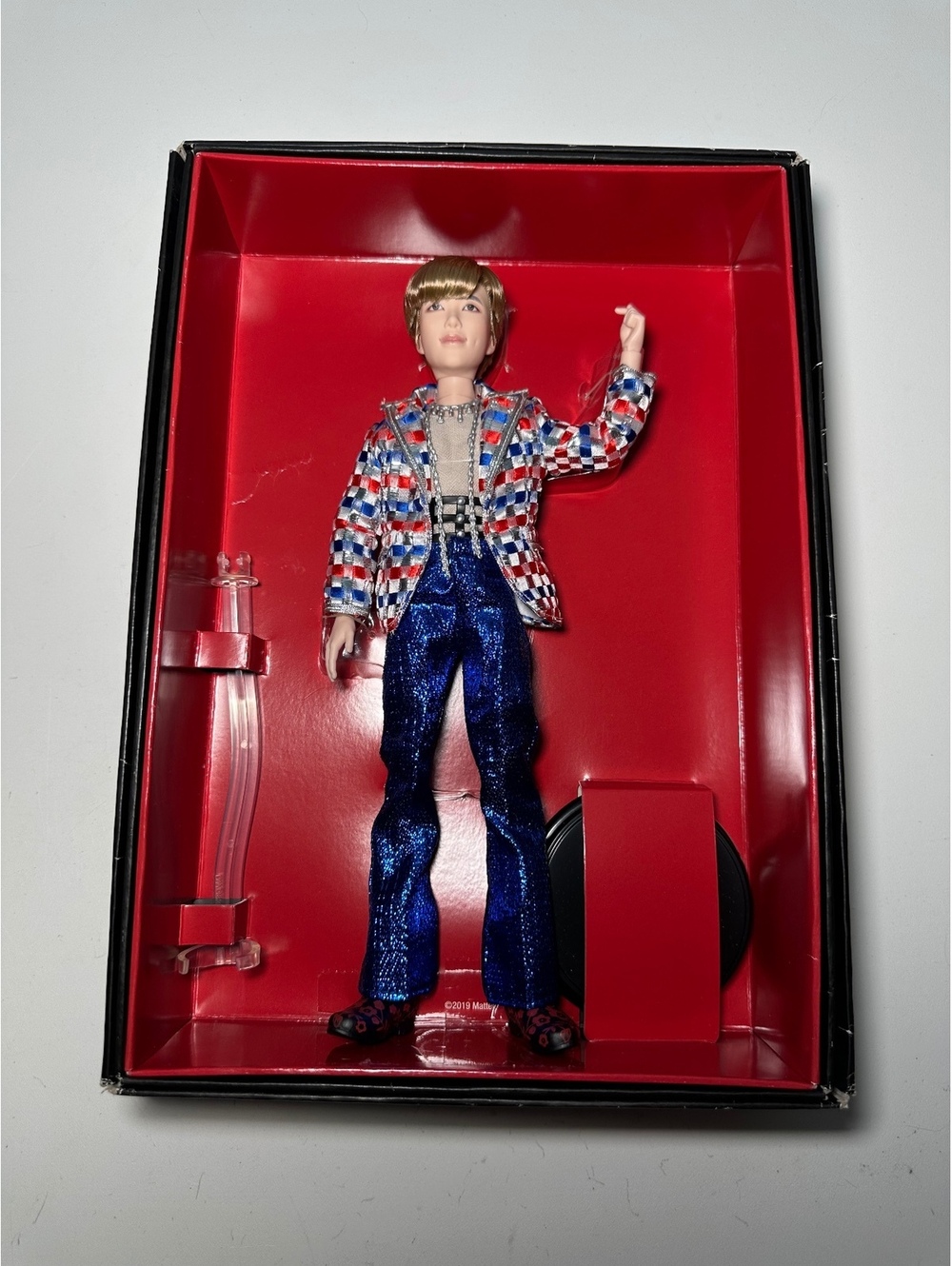 BTS 2019 Collectible Doll with Stand - Blue Sequin Pants and Multicolor Jacket
